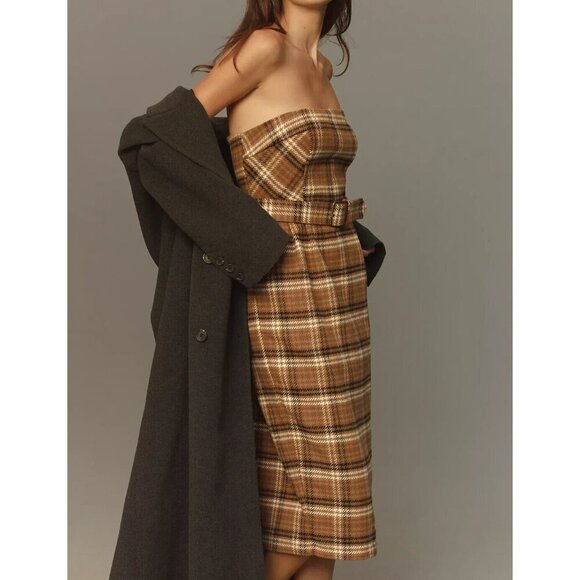 By Anthropologie Strapless Plaid Belted Midi Dress 8 - Picture 4 of 4